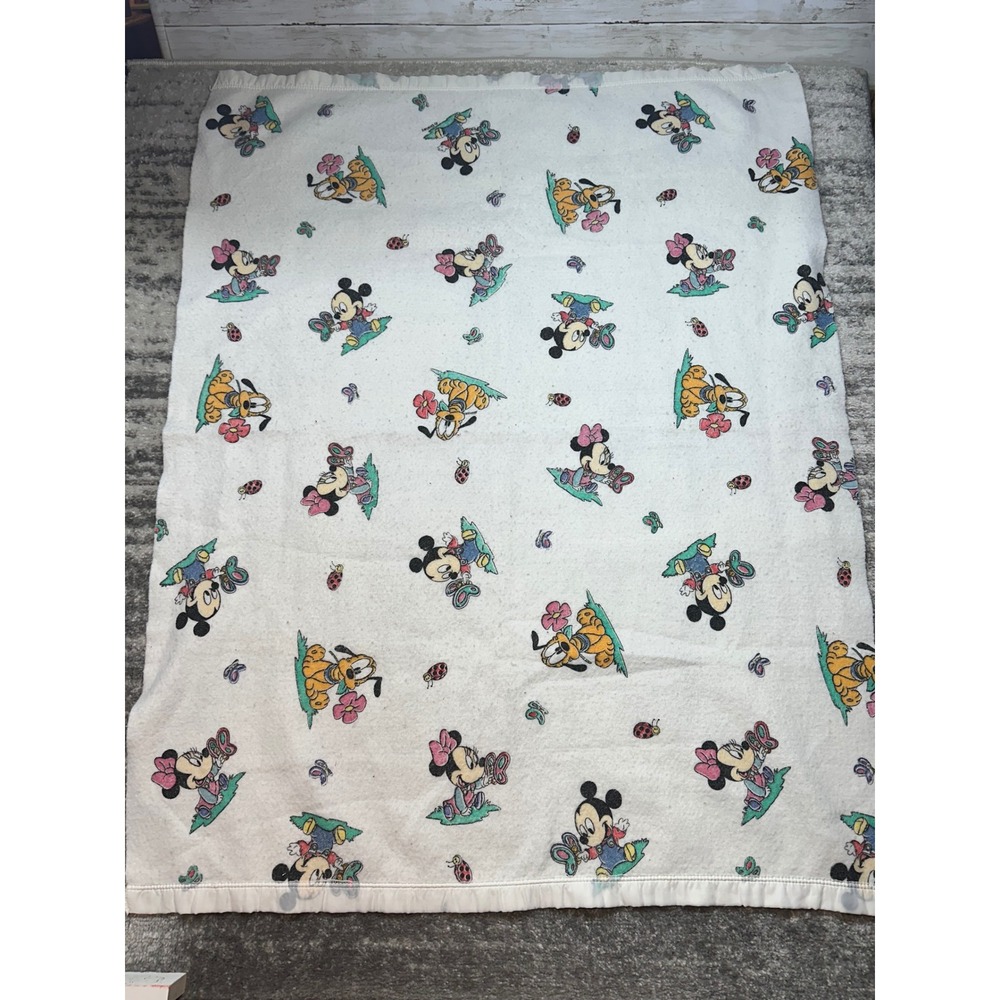 Disney Baby‎ Blanket Satin Trim 36x45 White Mickey Minnie Pluto Vintage Fleece